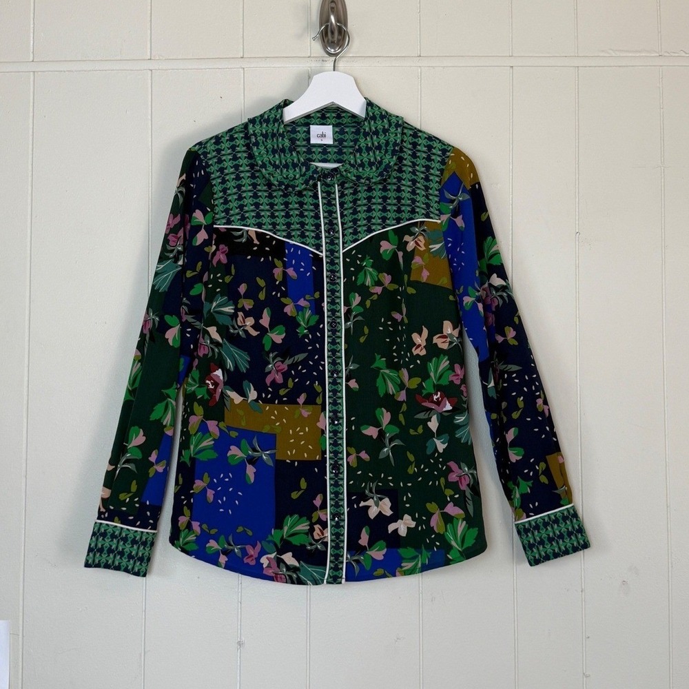 Cabi Womens Floral Patchwork Button Up Blouse Long Sleeve Size S Maximalist Boho